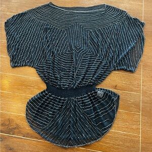 Unbranded sheer dark turquoise heavily beaded vintage women’s top, fits Medium.